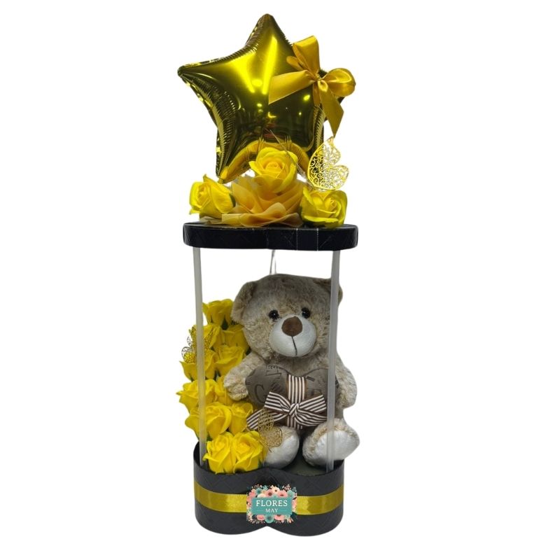 145 Box Corazón Especial con Rosas Eternas Amarillas, Peluche 28cm y Globo - Imagen 1