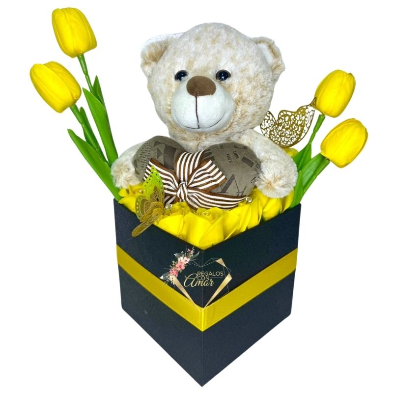 22 Box Cuadrado de Flores Eternas Amarillas y Peluche Oso 28cm - Imagen 1