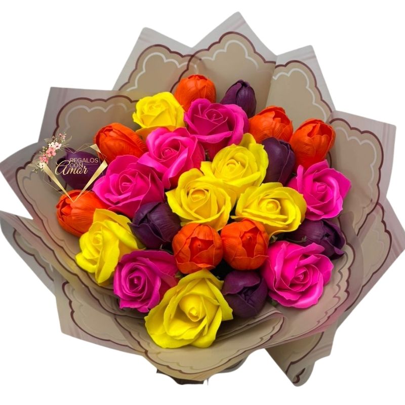 228 Bouquet de 25 Rosas y Tulipanes Eternos Primaveral - Imagen 1