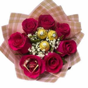 Bouquet de 7 Rosas Fucsias y 3 Bombones Ferrero Rocher