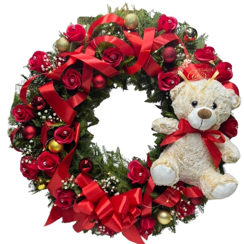 251 Corona de Navidad con Rosas Eternas y Peluche 30cm - Imagen 1