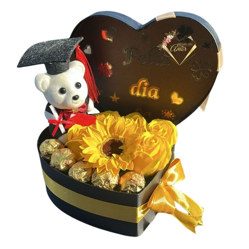 310 Box Corazón de Graduación con Rosas y Girasol Eterno con Bombones - Imagen 1