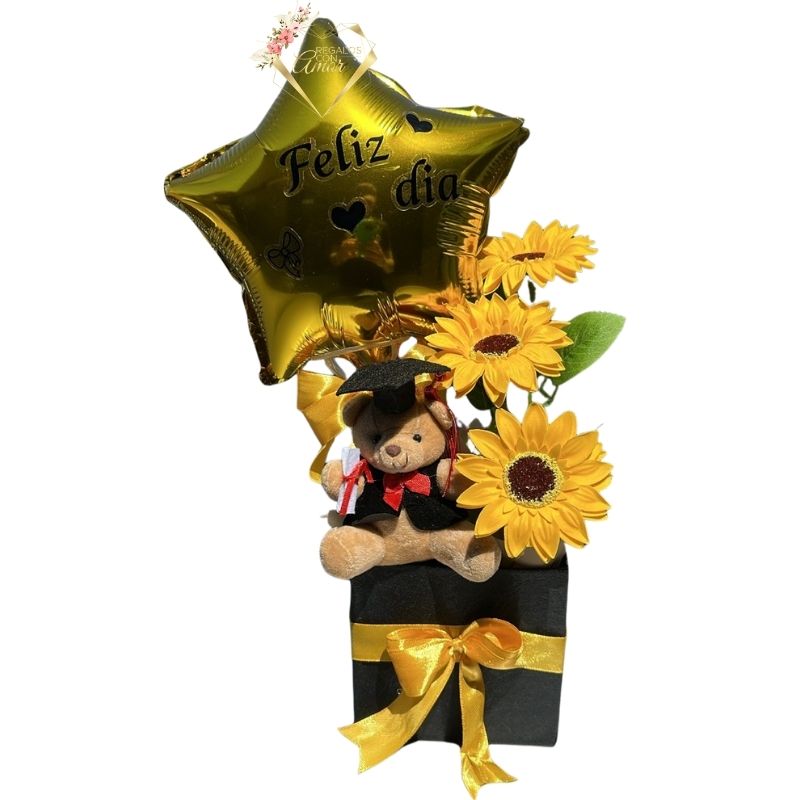 314 Box Cuadrado de Graduación con Girasoles Eternos, Peluchito y Globito - Imagen 1