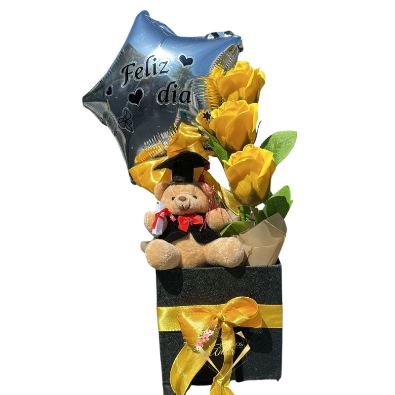 332 Box de Graduación con Rosas Amarillas Eternas, Peluchito y Globo - Imagen 1