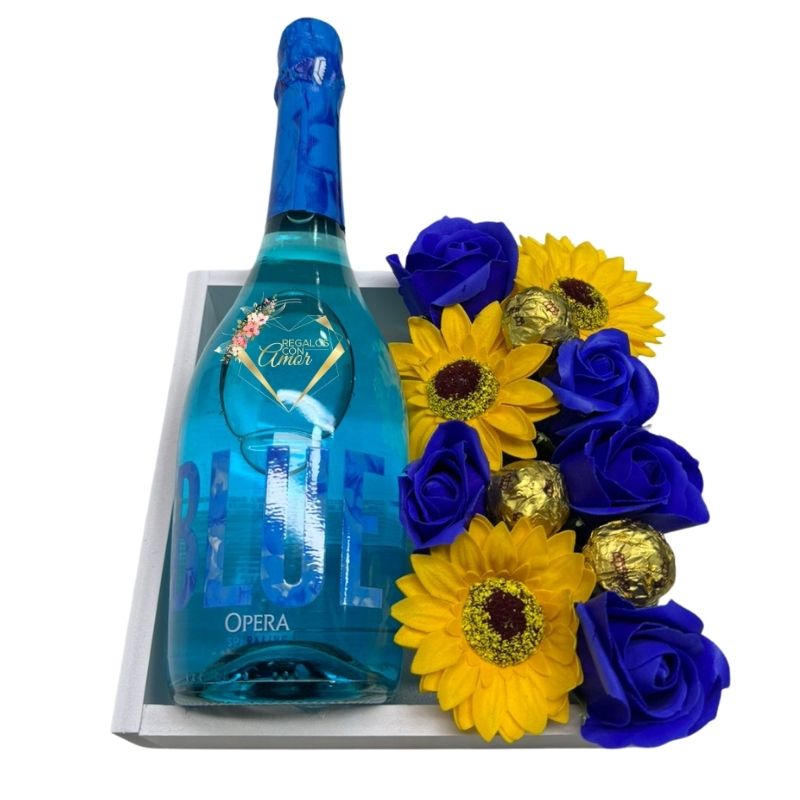 WhatsApp Image 2026-04-10 at 11.26.32 (5) Base con espumante, Bombones, Girasoles y Rosas Eternas Azules - Imagen 1